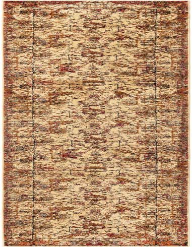 A 12 ft runner rug with an ivory background and a distressed traditional floral pattern in shades of red, brown, and black.