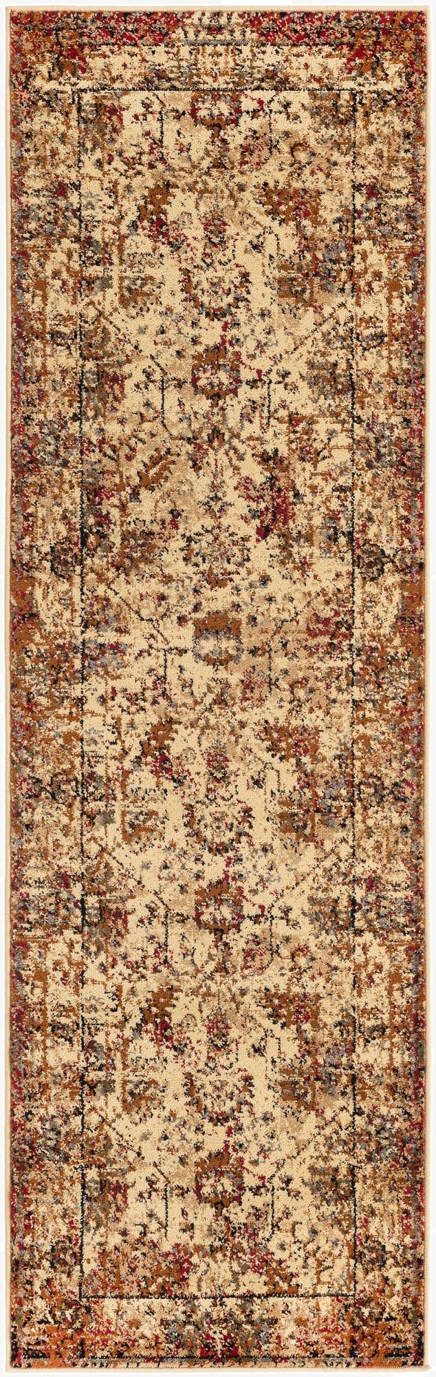 A 7 ft runner rug in ivory and cream with a distressed traditional floral pattern and tribal accents, ideal for a hallway.