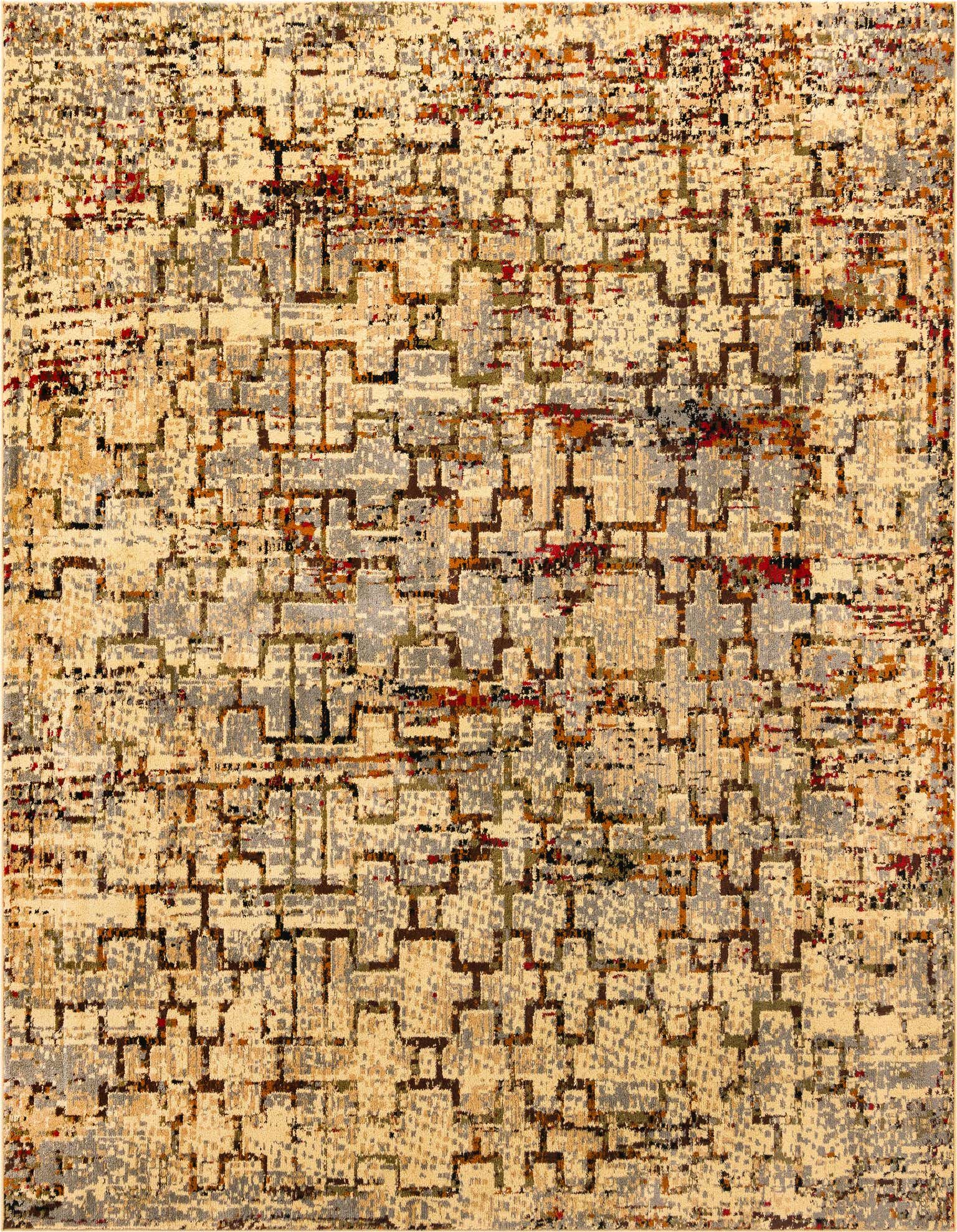 A 7' 10 x 7' 10 square ivory and cream modern abstract rug with a distressed geometric pattern in shades of gray, brown, and subtle red.