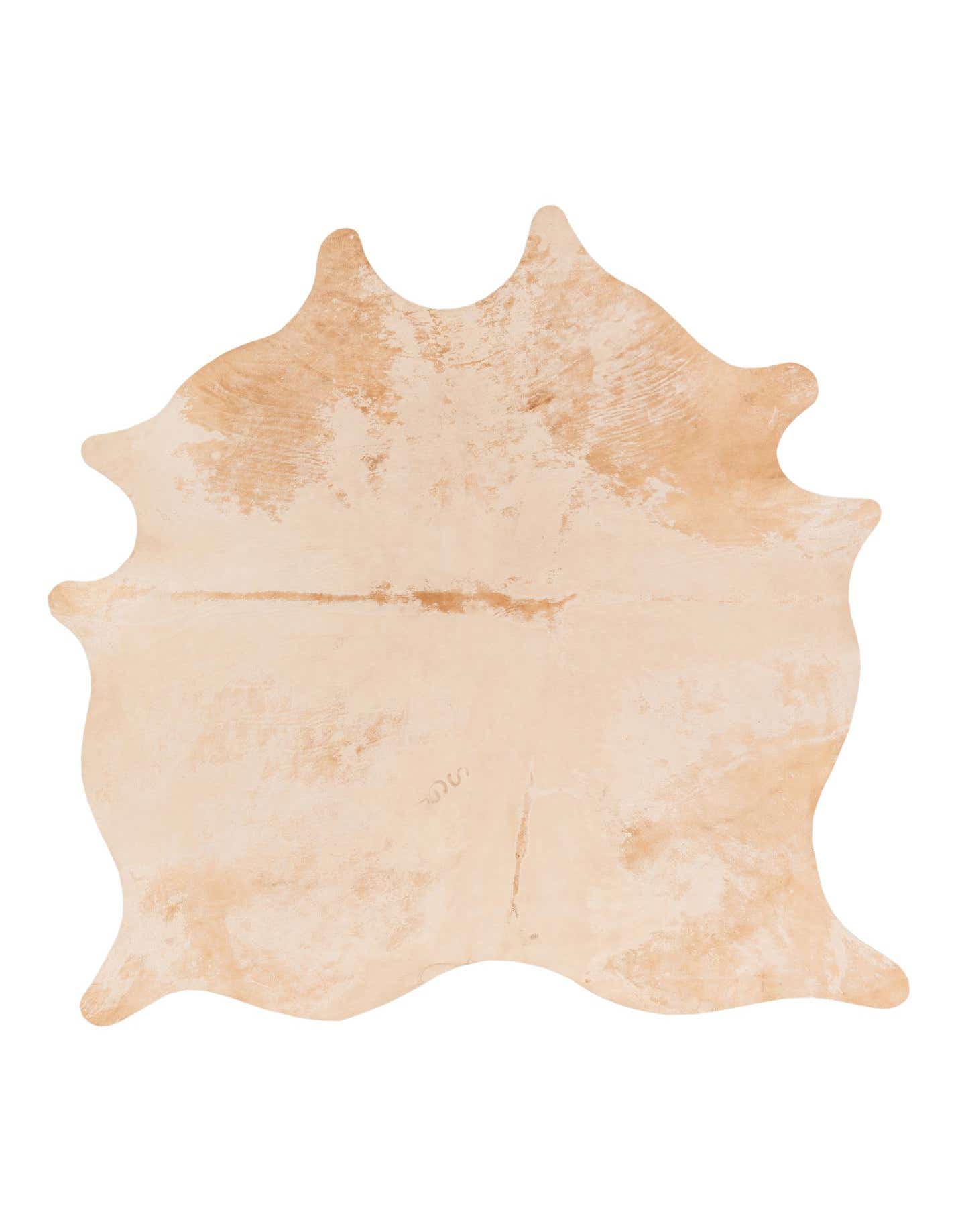 A 6'5" x 7'0" freeform cowhide rug in shades of brown, tan, and cream, featuring a natural, irregular shape.