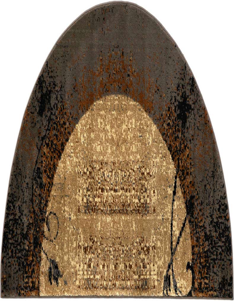 A 3' 0 x 6' 0 hearth rug with a transitional abstract pattern in browns, tans, and ivories, featuring a distressed look.