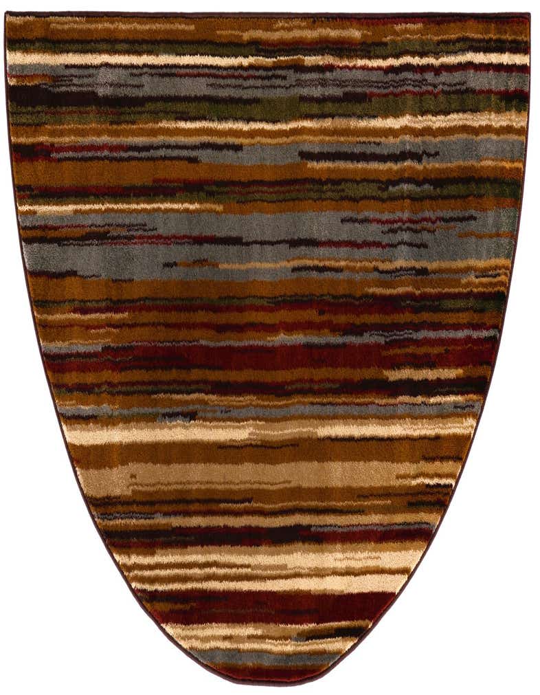 A 3'x6' hearth-shaped rug featuring a modern stripe pattern in various shades of brown, tan, cream, and subtle gray.