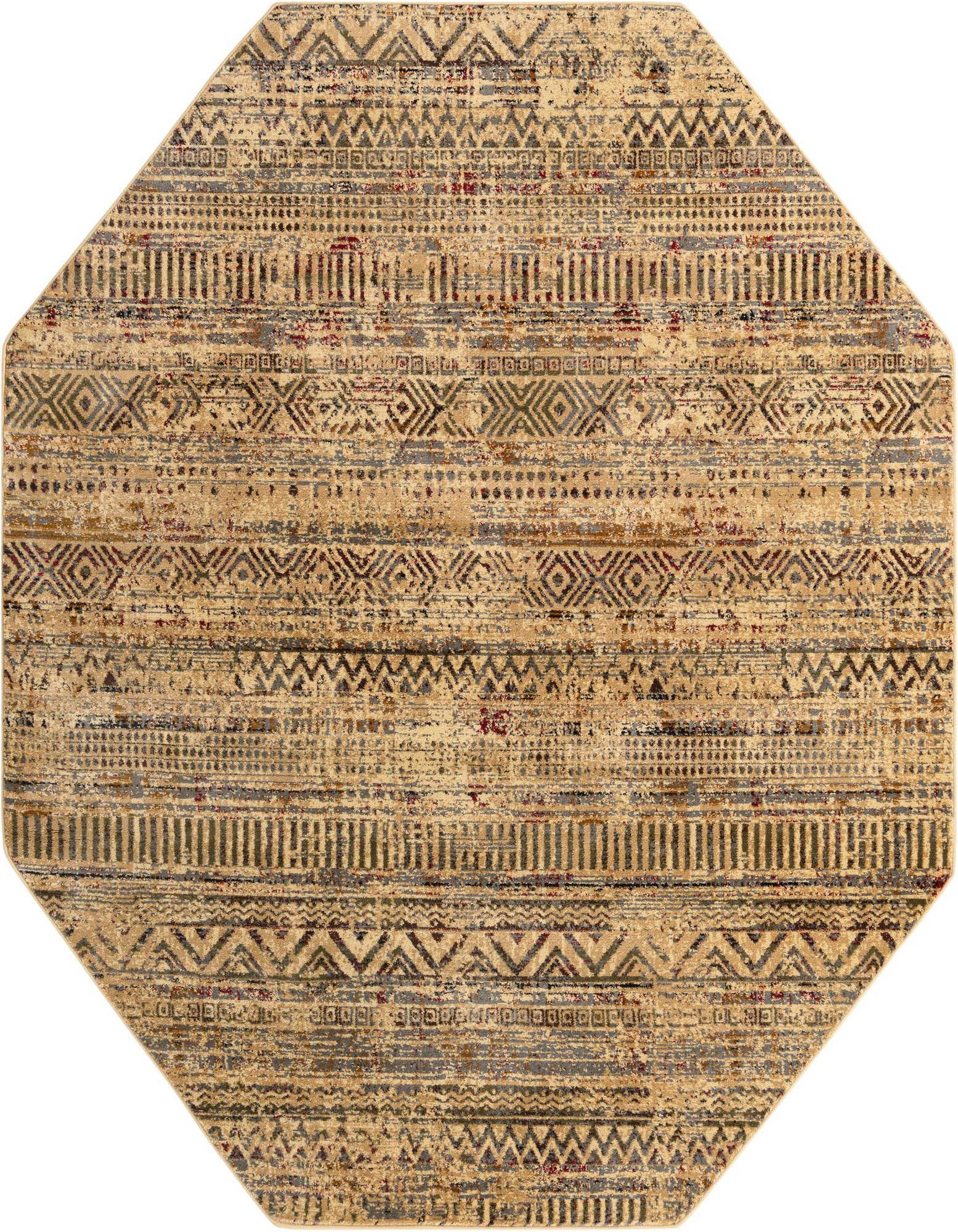 An octagon-shaped area rug featuring a distressed tribal pattern in shades of brown, tan, cream, and subtle red.