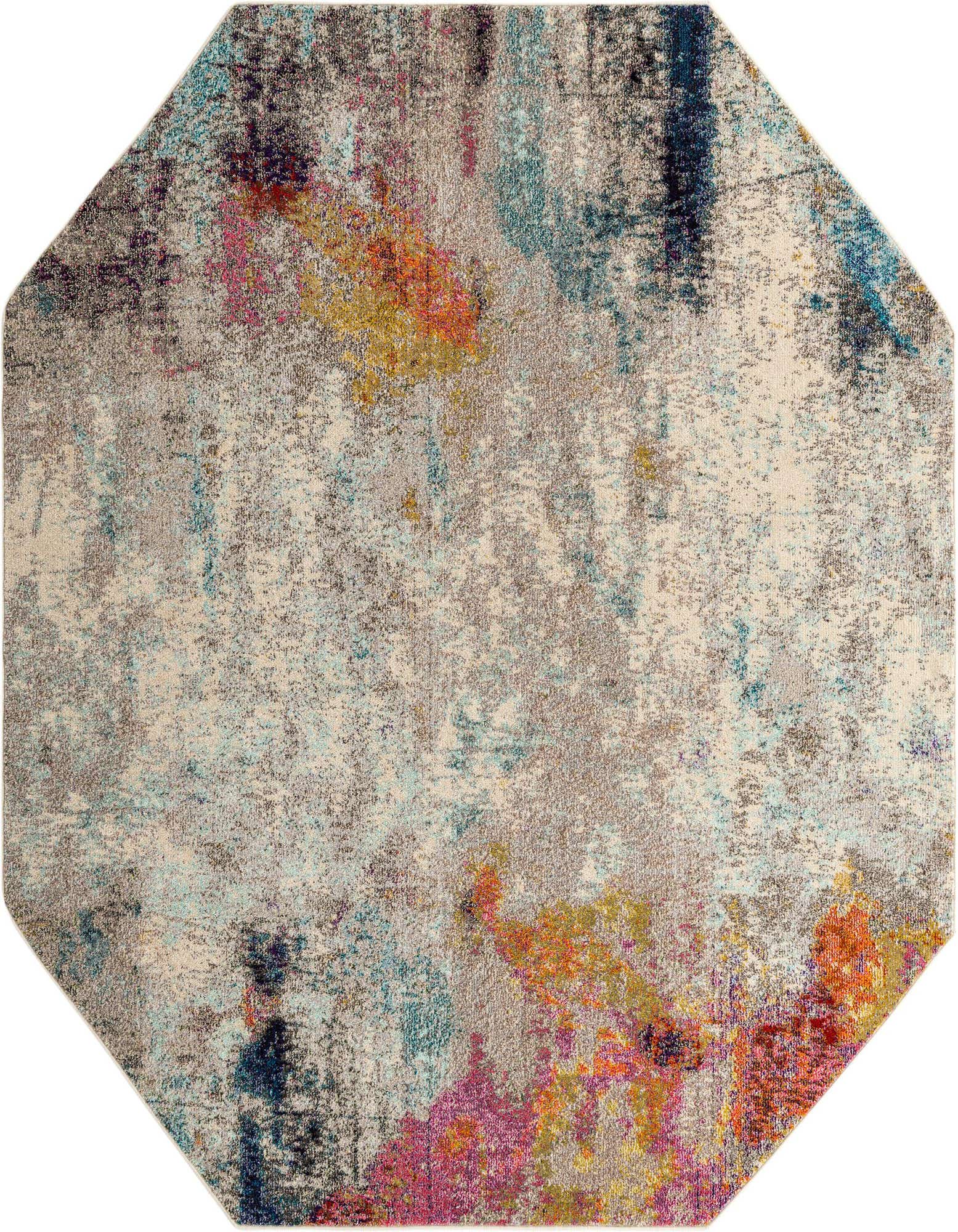 An 8' 0 x 8' 0 octagon area rug featuring an abstract, modern design in browns, tans, ivories, and creams with vibrant splashes of blue, orange, and pink.