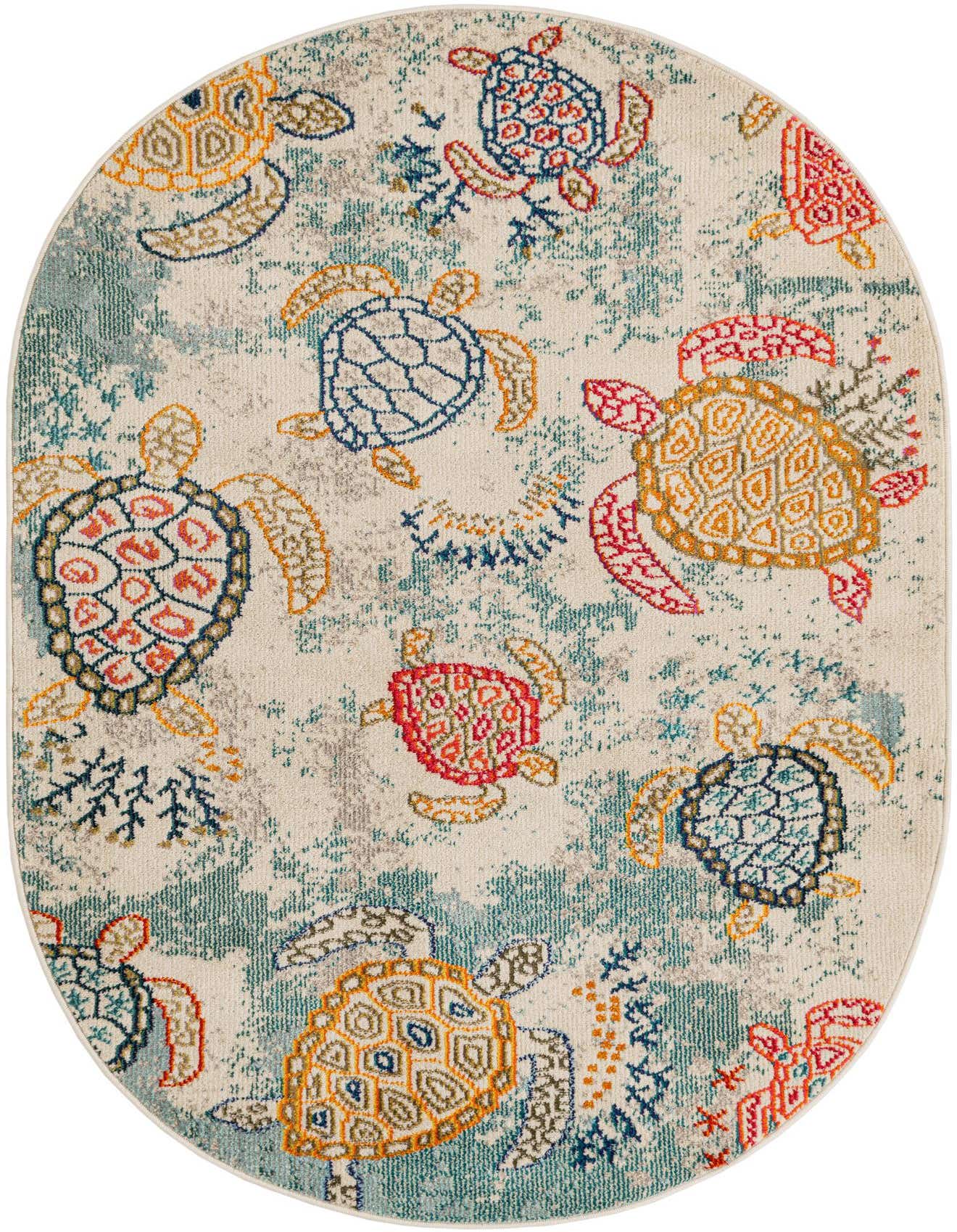 An oval 4'1" x 6'1" modern rug with a cream background and colorful sea turtle pattern in shades of blue, orange, and red.