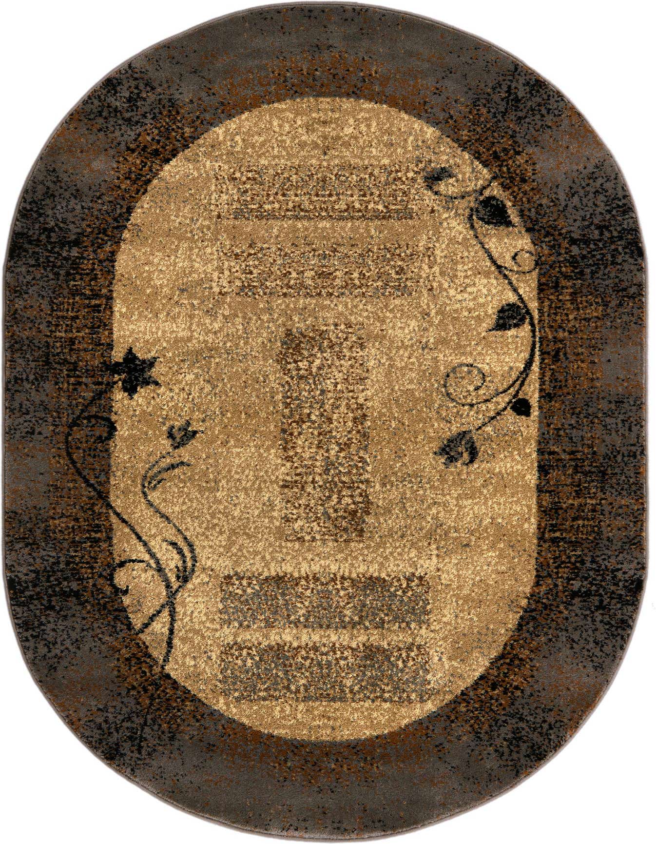 A 4'x6' oval Cafe rug by Rugs.com with a tan center, brown border, and black floral accents.