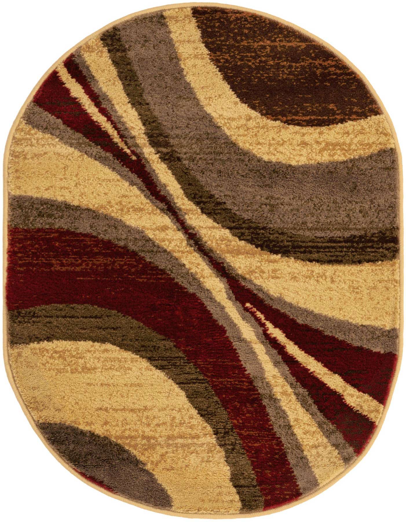 2'x3' oval rug with abstract wavy stripes in shades of brown, tan, cream, and deep red, suitable for a living room.