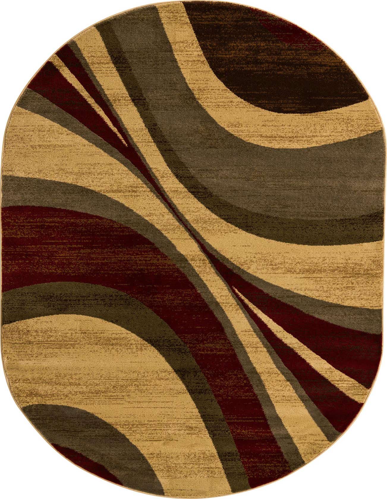 Oval area rug with a modern abstract pattern in shades of brown, tan, cream, and deep red, suitable for a living room.