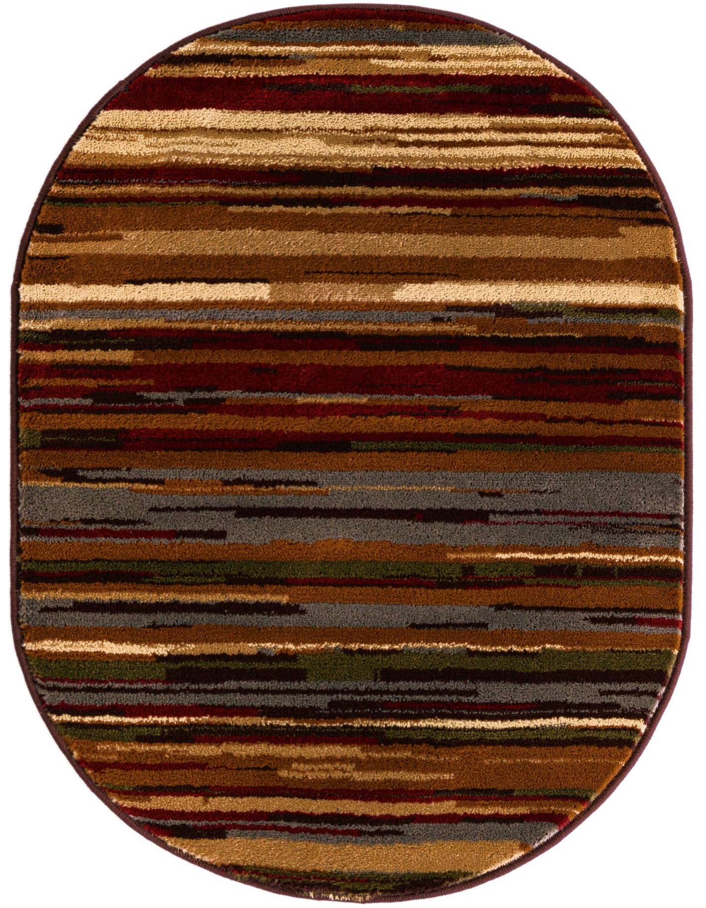 An oval Cafe Collection rug featuring a modern stripe pattern in various shades of brown, tan, cream, and subtle hints of red and green.