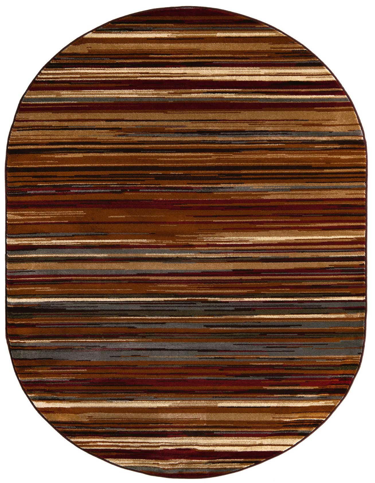 An oval Cafe Collection rug featuring a modern stripe pattern in various shades of brown, tan, cream, and hints of red and gray.