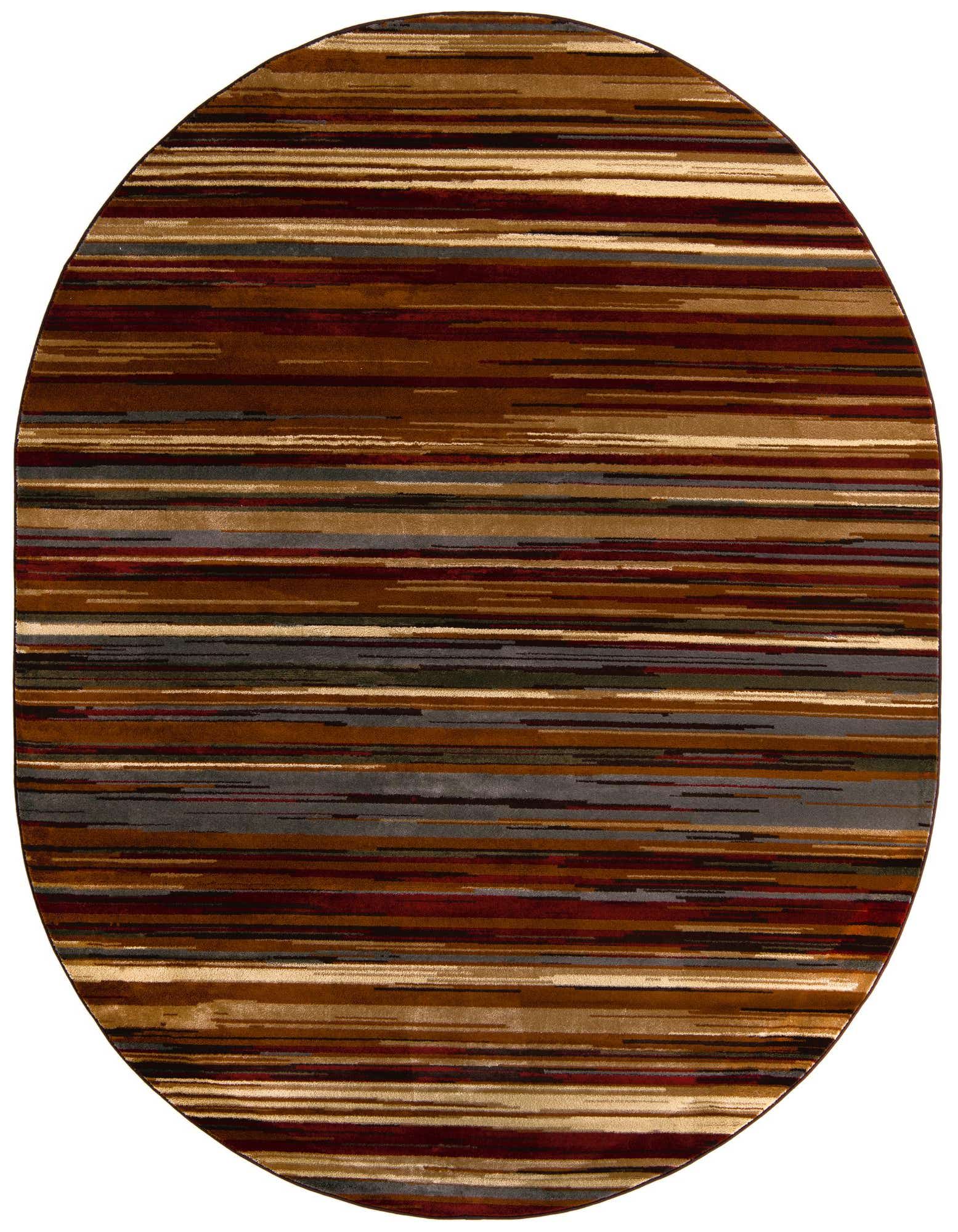 A 7' 10 x 10' 0 oval rug featuring a modern stripe pattern in various shades of brown, tan, cream, and subtle hints of red and grey.