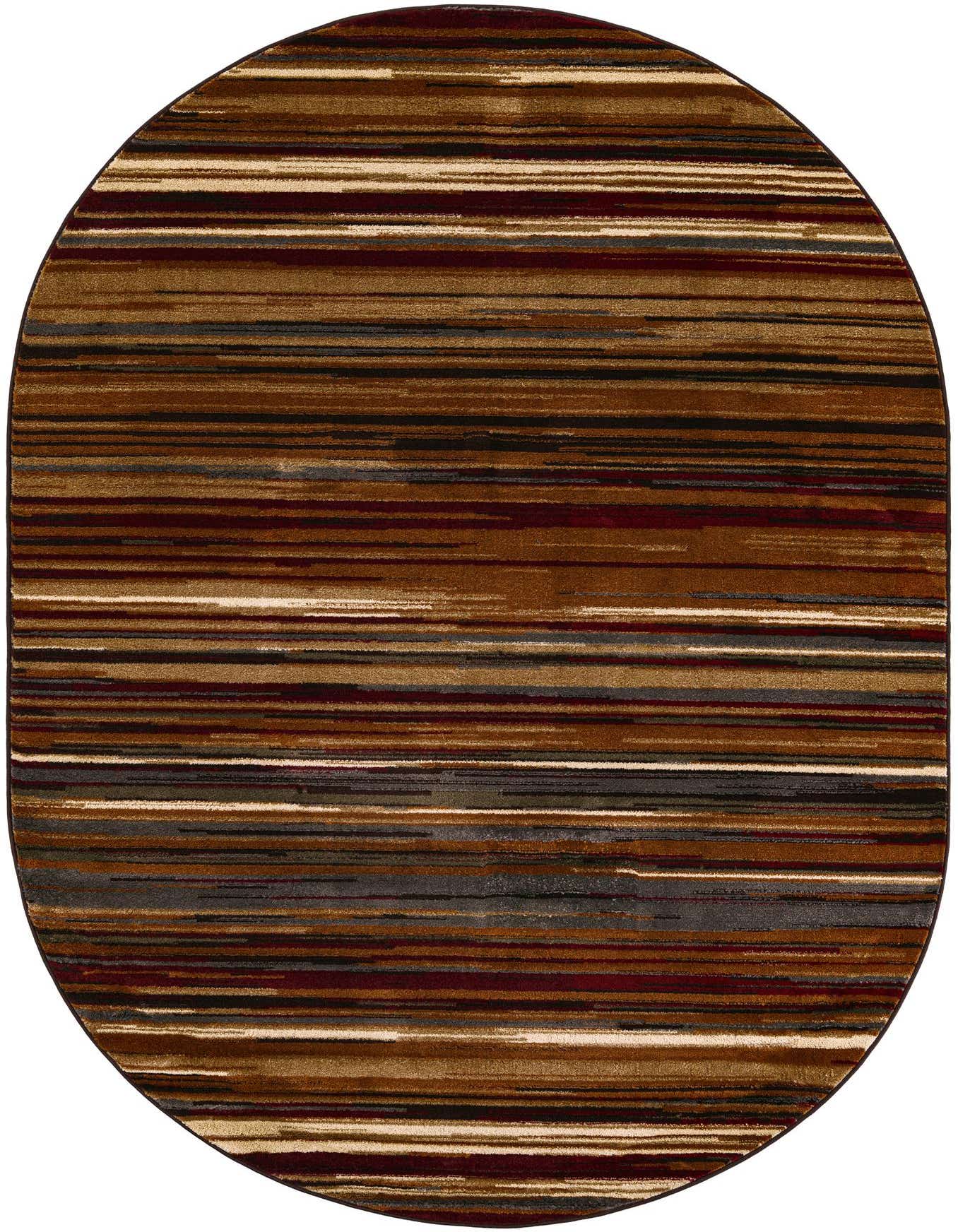 Oval rug with horizontal stripes in varying shades of brown, tan, cream, dark red, and gray.