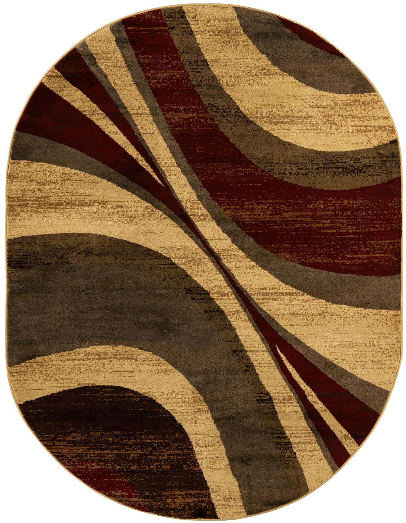 An oval modern area rug with swirling abstract patterns in shades of brown, tan, ivory, and deep red.