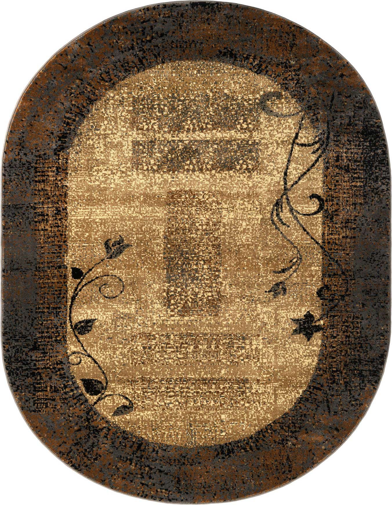 An oval Cafe Collection rug in brown and tan with an abstract pattern and floral accents, perfect for an indoor living space.