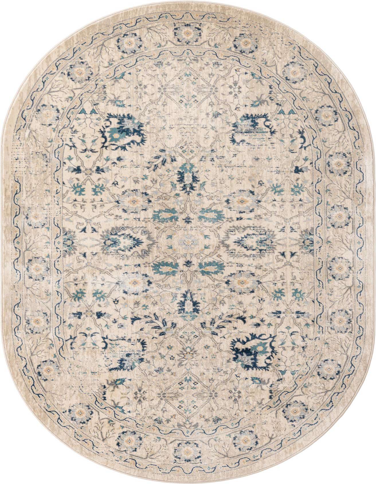 An oval 6' x 9' Dahlia Collection rug featuring a traditional medallion pattern in cream, tan, and shades of blue.