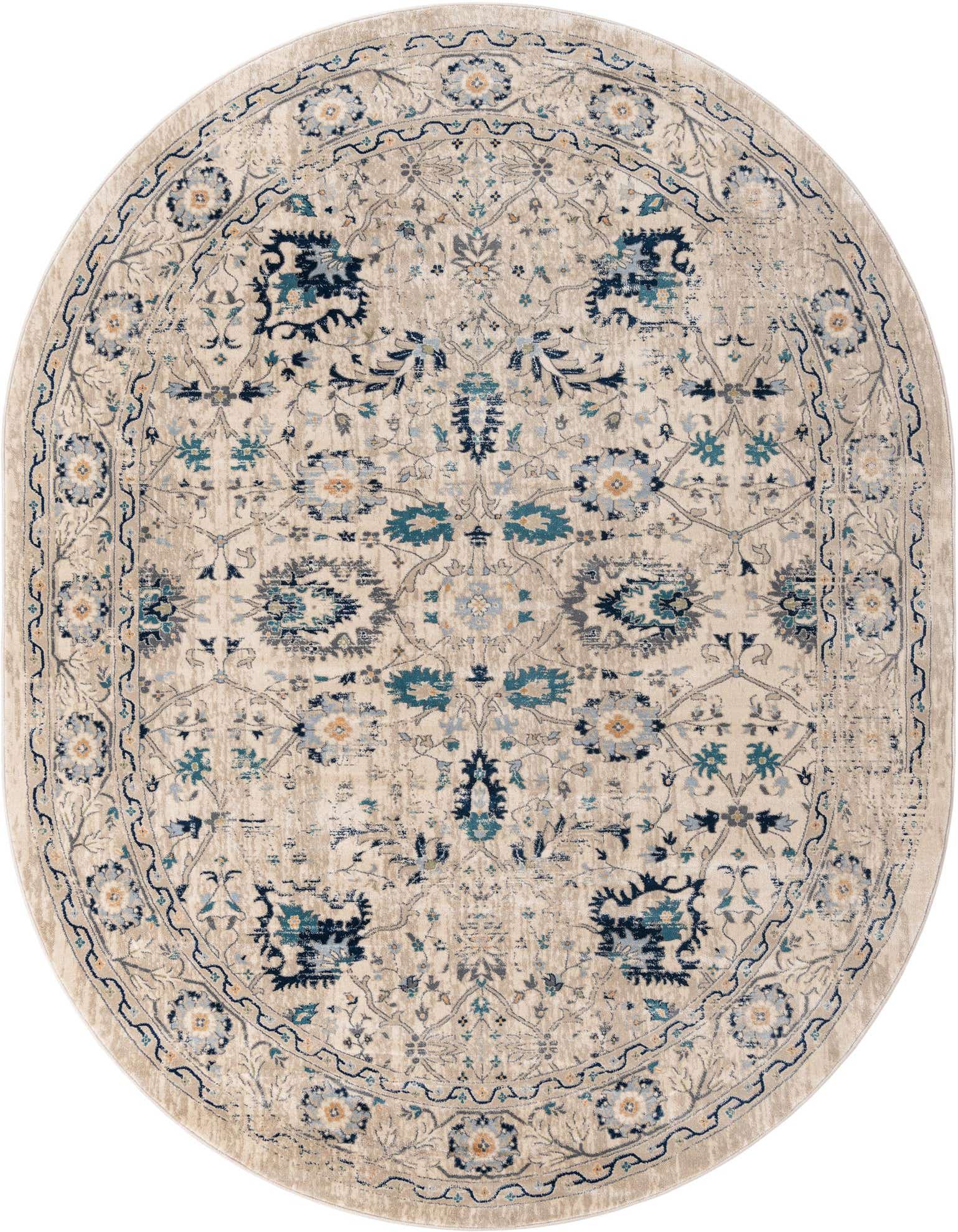 An oval 7' 10 x 10' 0 Dahlia rug featuring a traditional medallion pattern in shades of brown, tan, cream, and blue.
