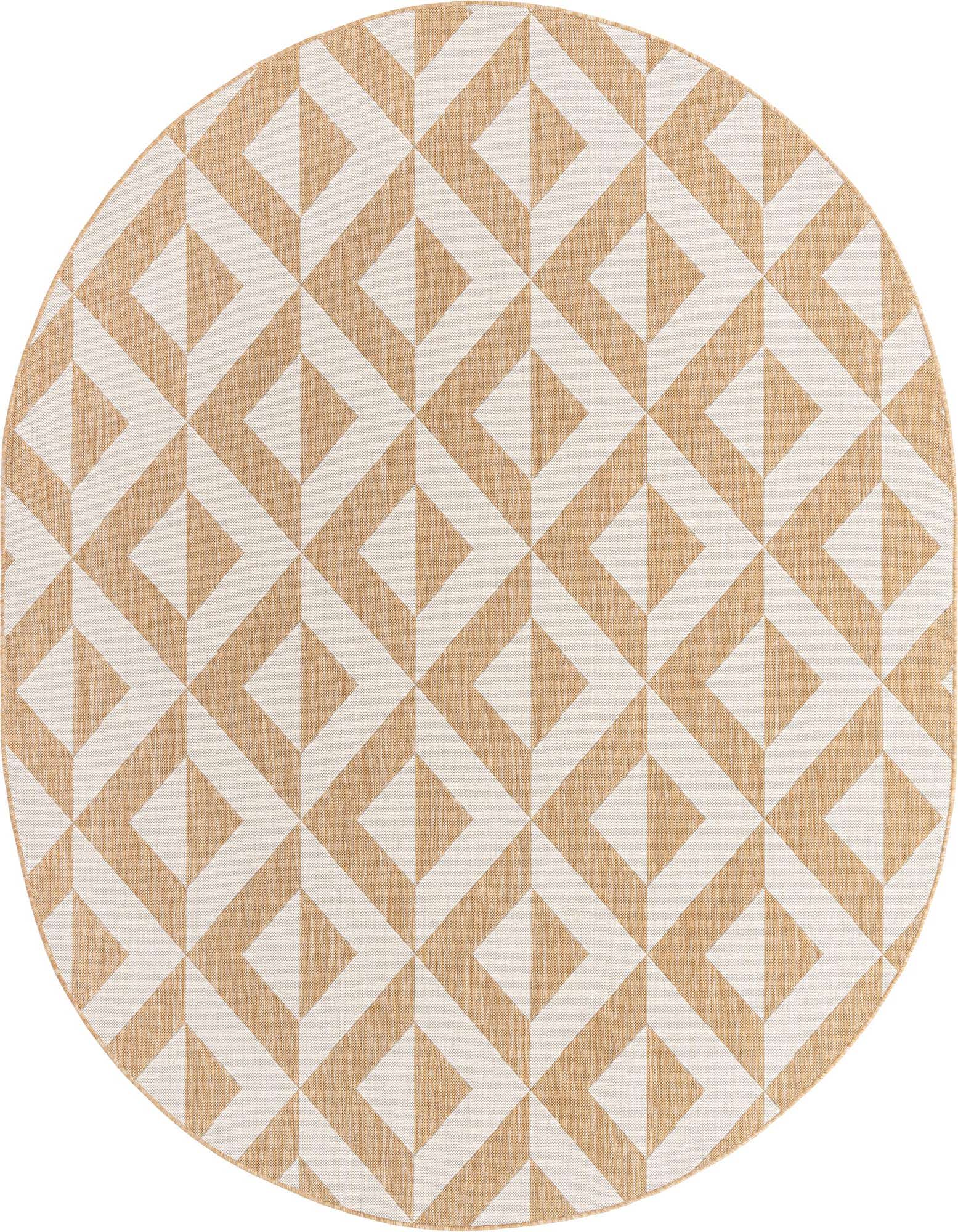 An oval 7'10" x 10'0" Jill Zarin Outdoor rug featuring a modern geometric trellis pattern in brown and cream tones.