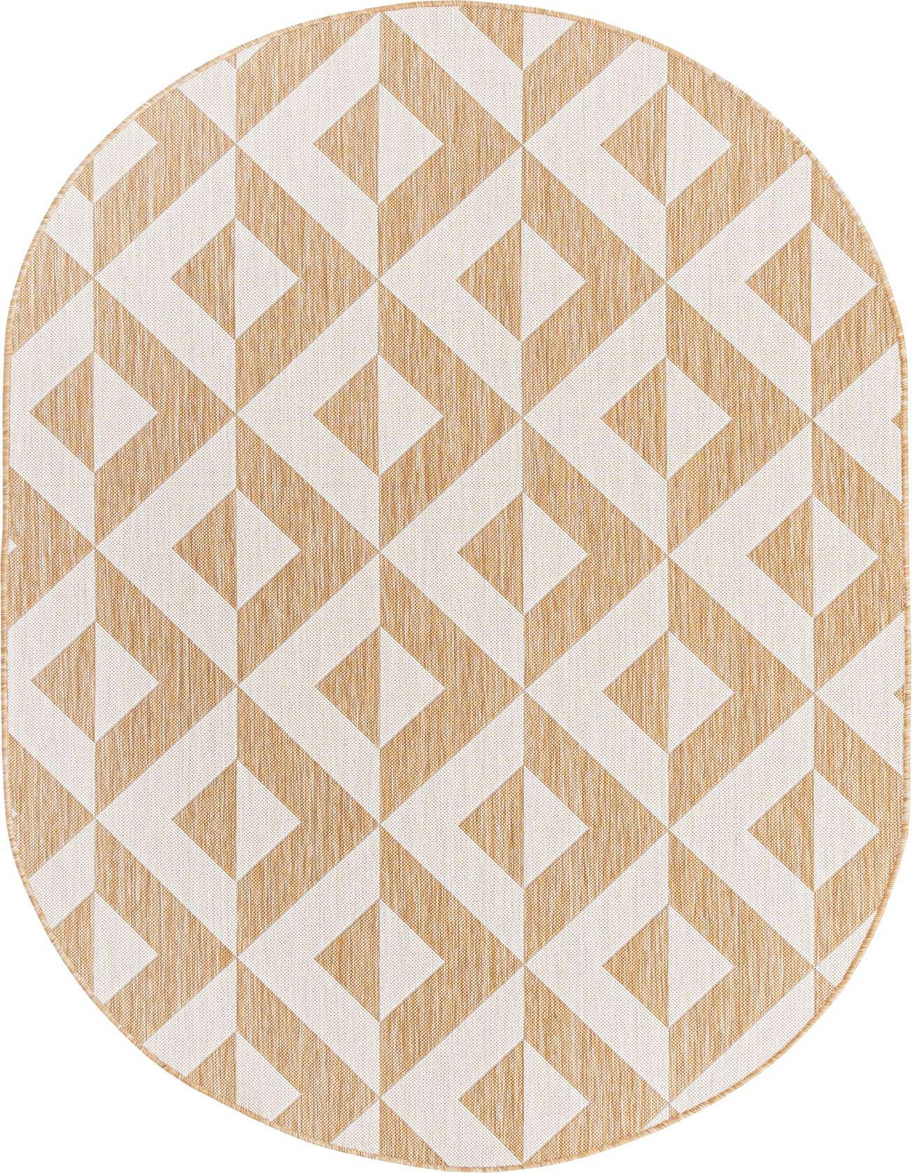An oval 5'3" x 8'0" brown and ivory geometric indoor/outdoor rug with a modern trellis pattern.