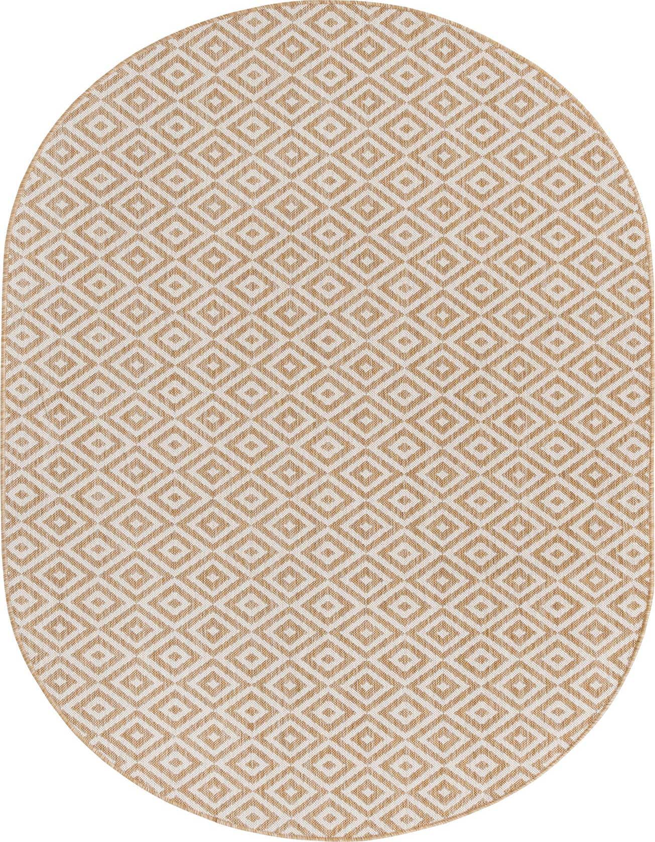 An oval 5'3 x 8'0 Jill Zarin Outdoor rug featuring a modern trellis pattern in brown and ivory tones.