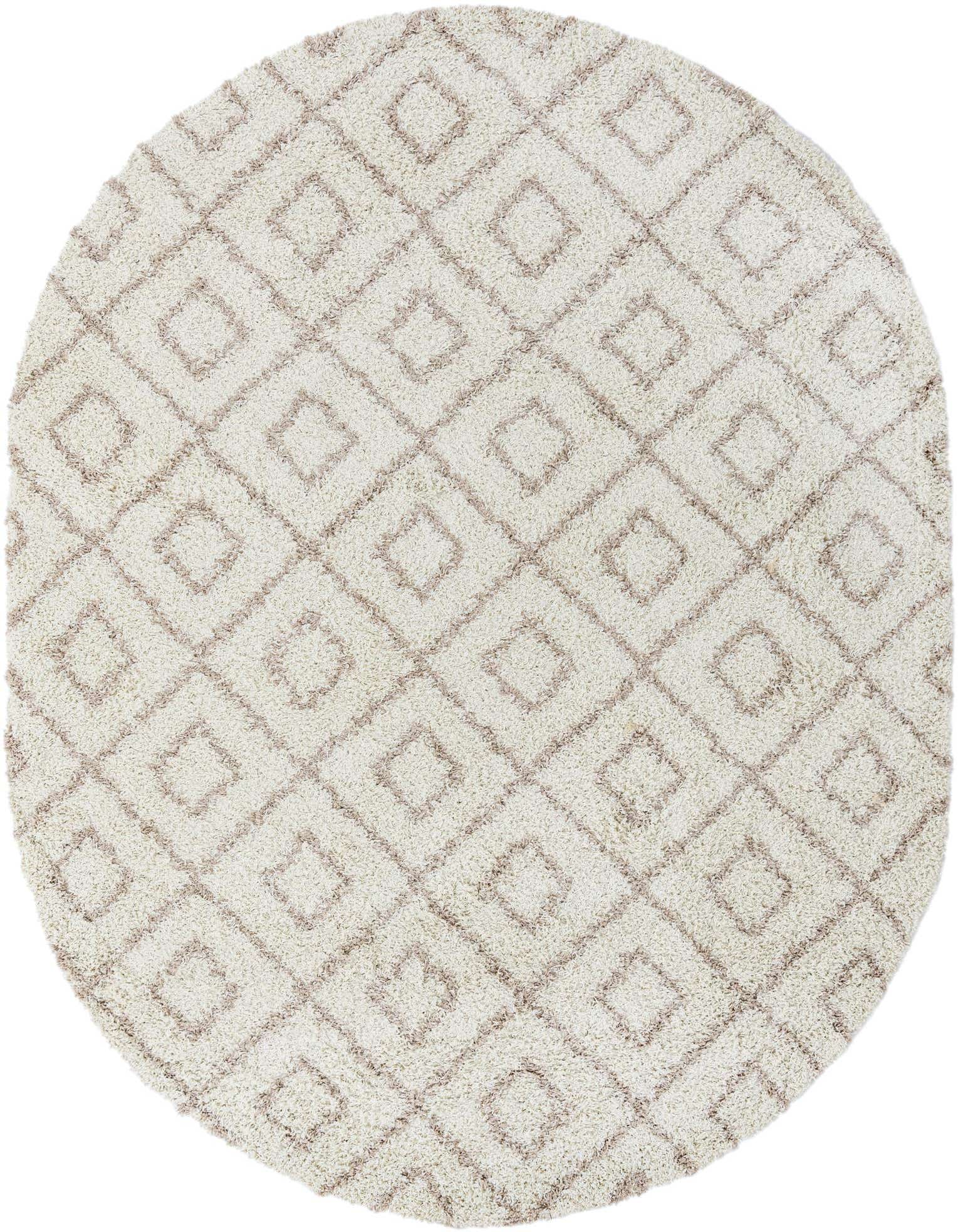 An oval 7' 10 x 10' 0 Lattice Shag rug in cream with a brown modern geometric diamond pattern.