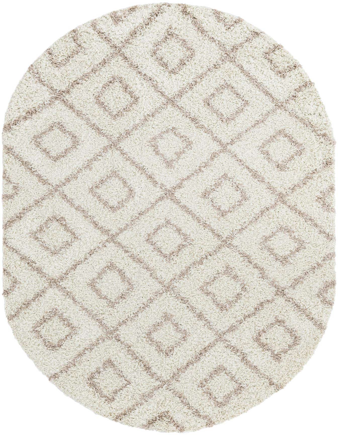 An oval 5' 3 x 8' 0 cream shag rug with a modern brown lattice pattern, featuring a textured high/low pile.