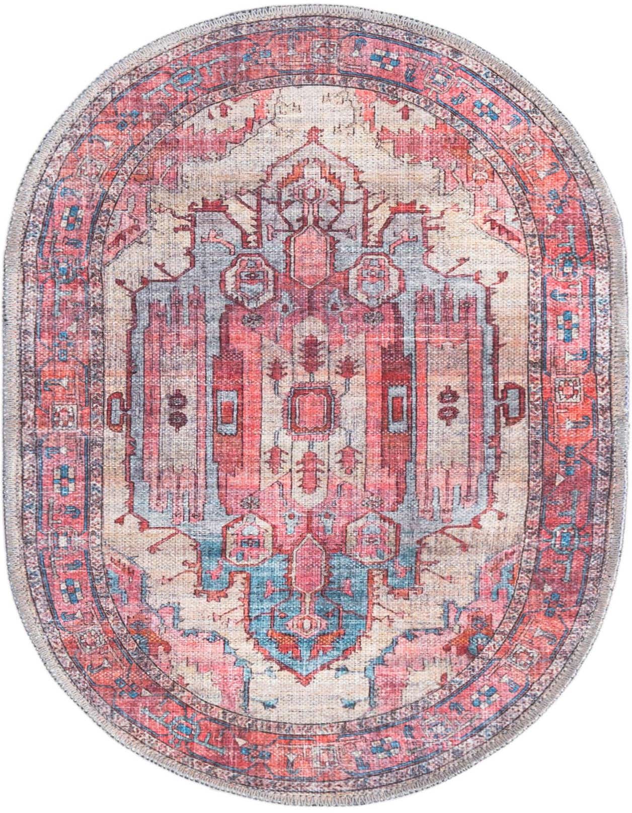 An oval 2'x3' Maahru rug with a distressed traditional medallion pattern in shades of brown, tan, ivory, red, and teal.