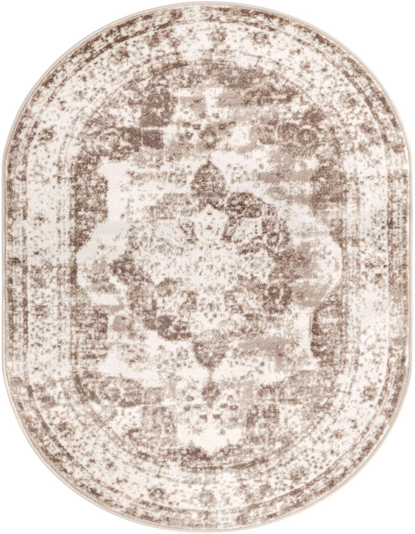 An oval 4'1" x 6'1" Monte Carlo rug in brown and ivory with a distressed transitional medallion pattern.