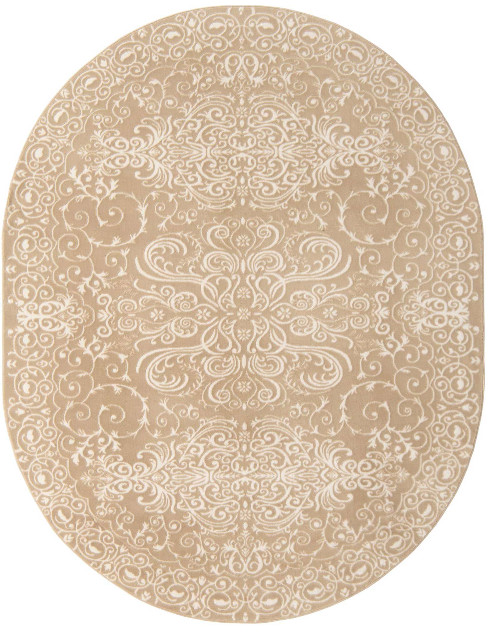 An oval 7'10 x 10'0 Nepal rug by Rugs.com, featuring a textured brown and ivory traditional floral pattern.