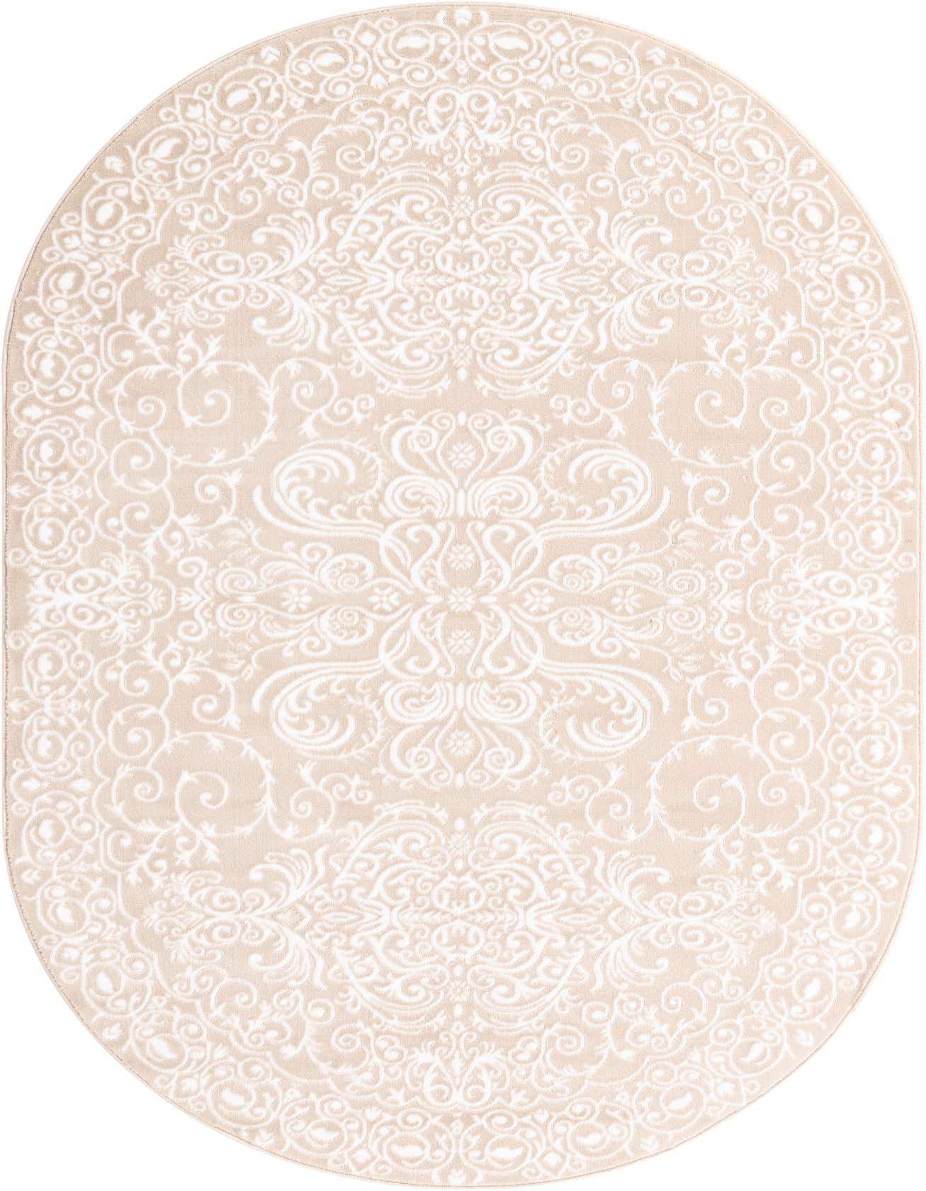 An oval 5'3" x 8'0" Nepal Collection rug in light brown with an intricate ivory traditional floral pattern.