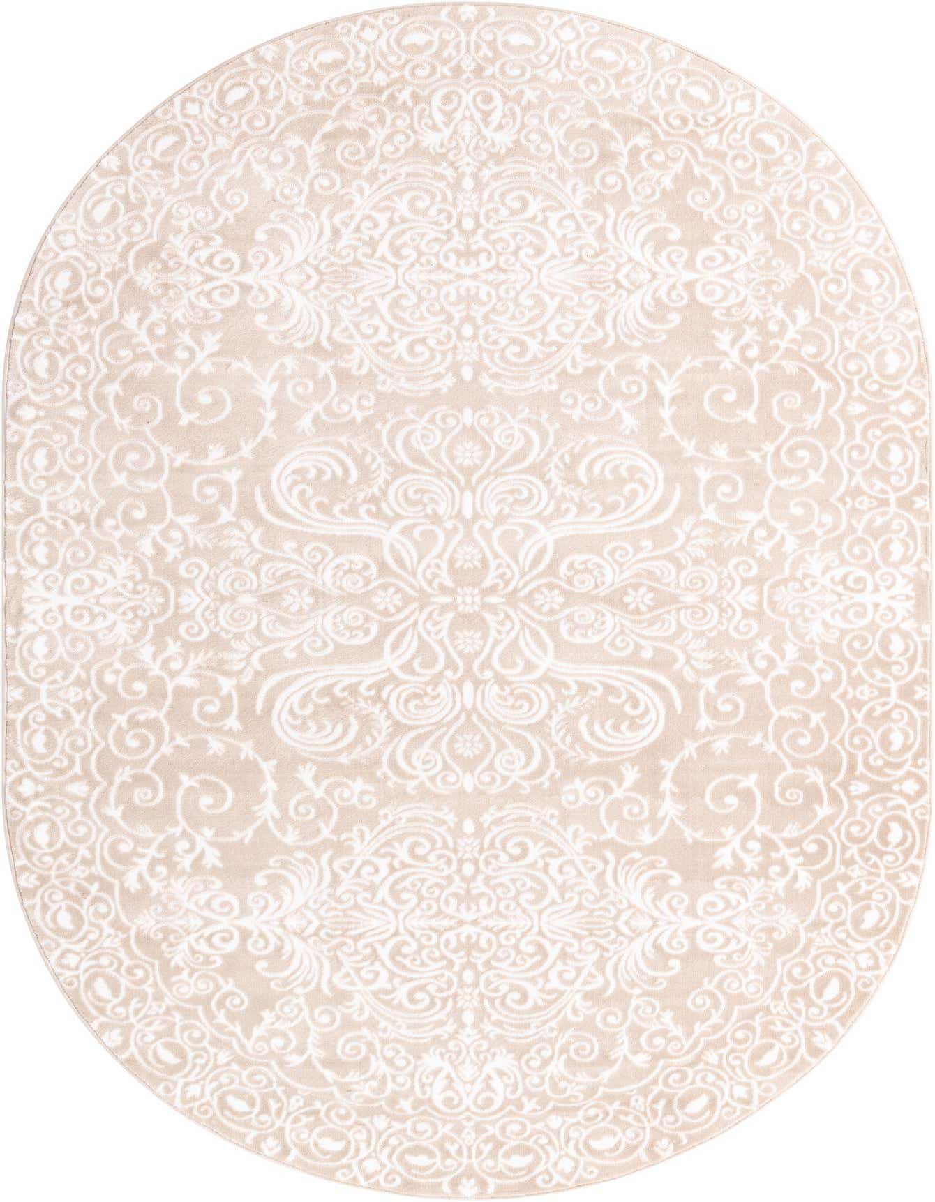 An oval 6' x 9' Nepal rug in shades of brown and ivory, featuring a traditional French floral pattern.