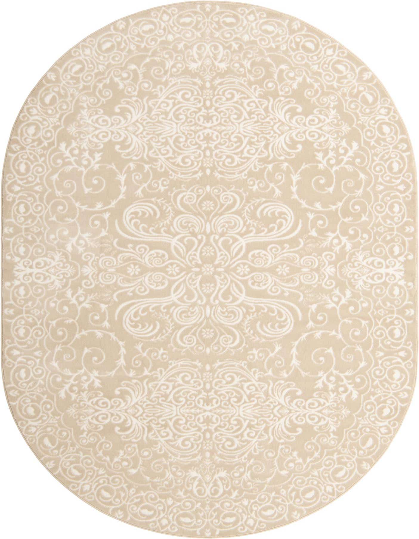 An oval 7' x 10' Nepal collection rug by Rugs.com, featuring a cream traditional floral pattern on a light brown background.