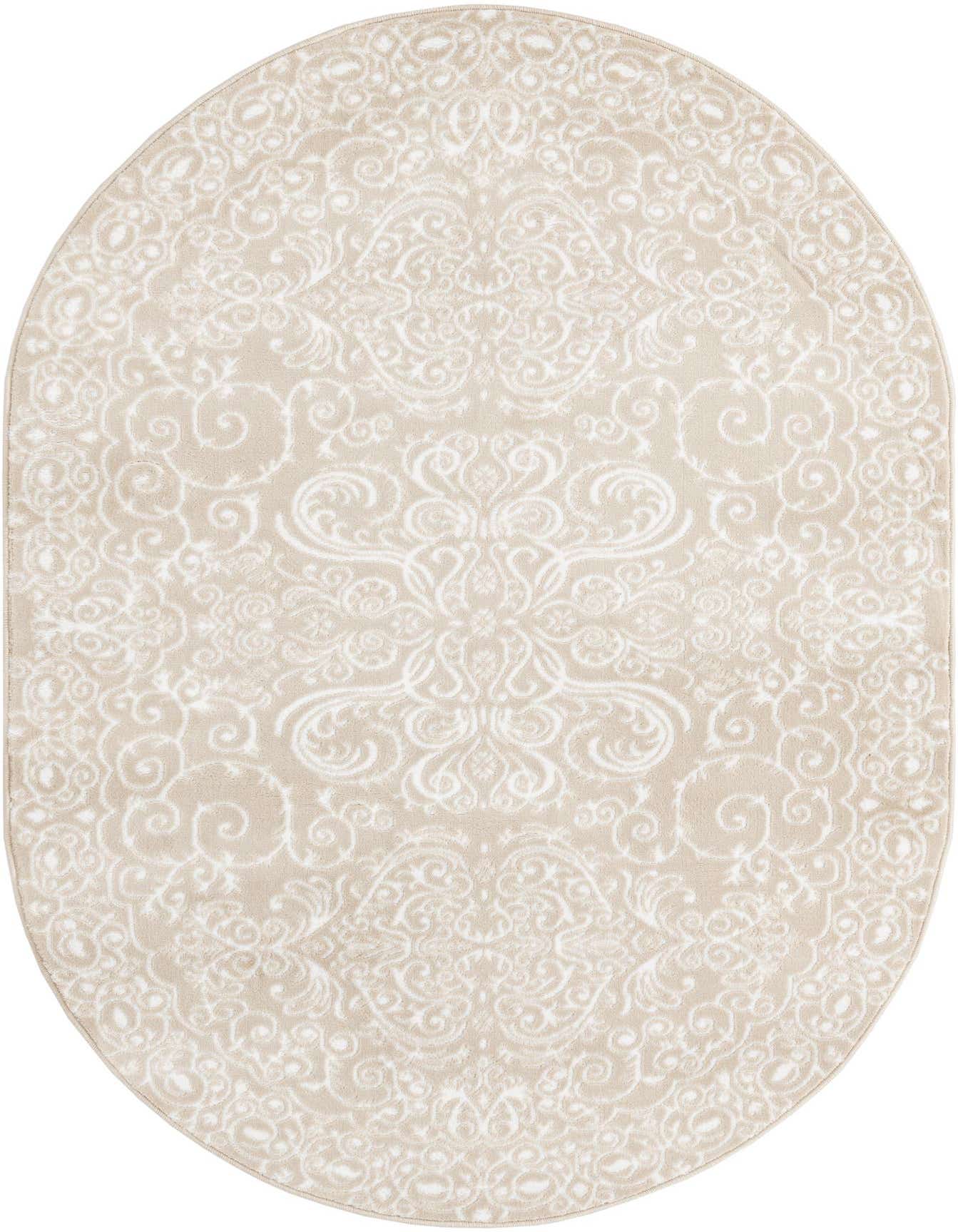 An oval 4' x 6' Nepal rug by Rugs.com featuring a traditional floral pattern in cream and tan.