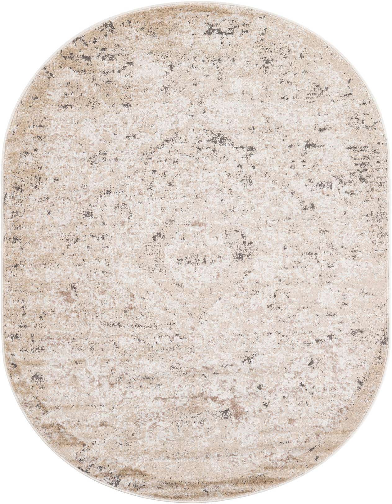 An oval 5'3" x 8'0" area rug featuring a distressed transitional pattern in shades of brown, tan, and ivory.