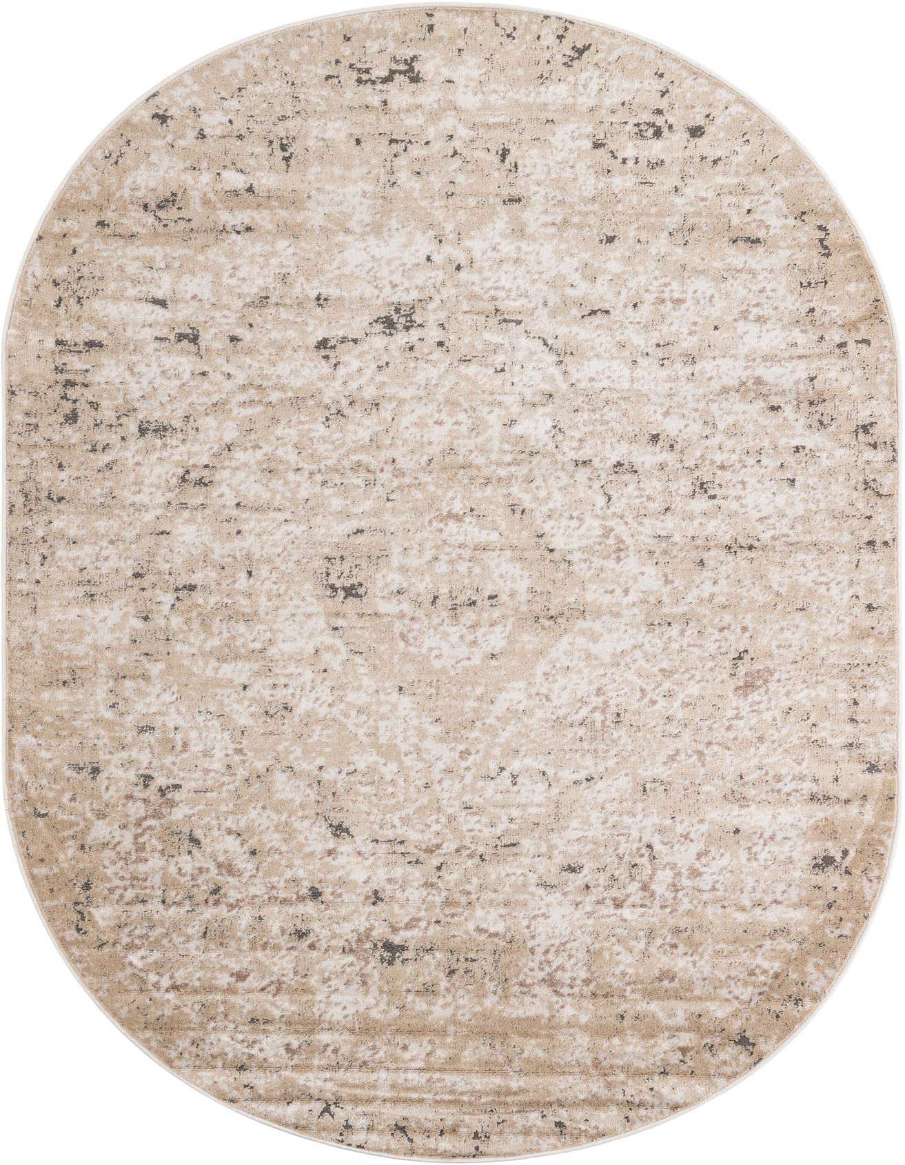 An oval 6'1" x 9'0" Oregon Collection rug by Rugs.com, featuring a distressed transitional pattern in browns, tans, and ivories.