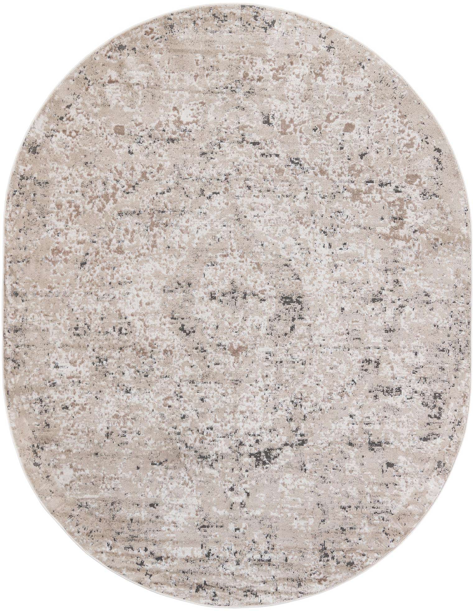An oval 7' 10 x 10' 0 Oregon Collection rug in shades of brown, tan, and ivory with a textured, abstract pattern.
