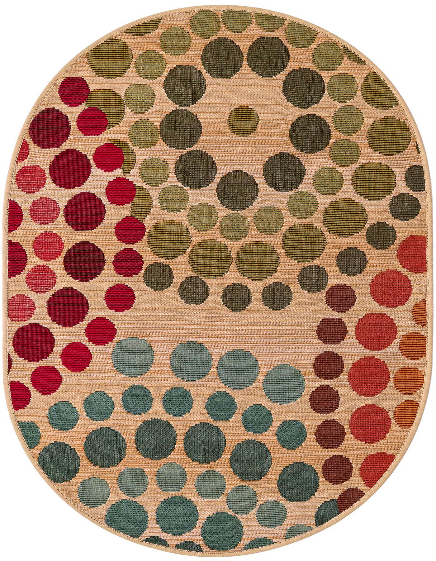 2' 2 x 3' 0 oval rug with a tan background and scattered red, green, and blue circles.