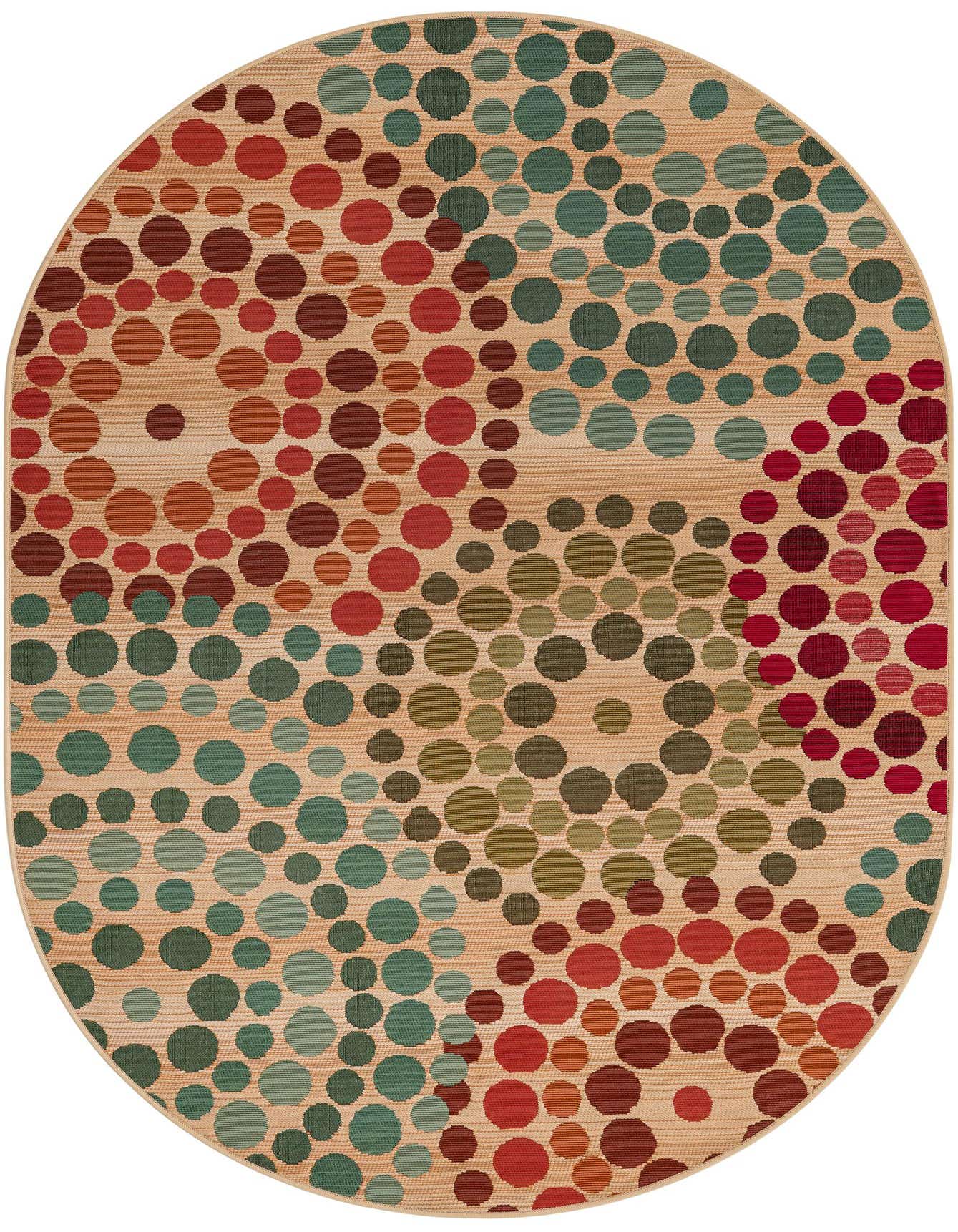 A 4' x 6' oval indoor/outdoor rug with an abstract pattern of various sized teal, red, and brown circles on a tan background.