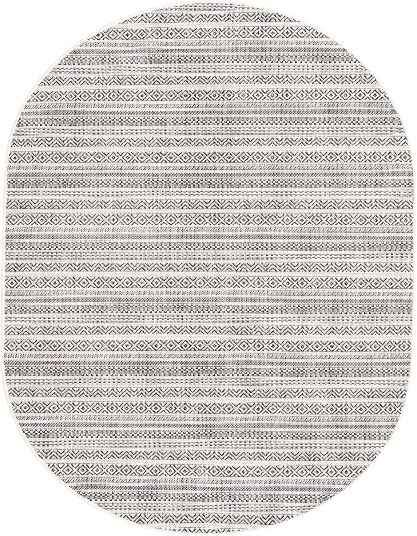 A 5'3" x 8'0" oval flatweave rug in brown and ivory, featuring varied tribal and geometric stripes.
