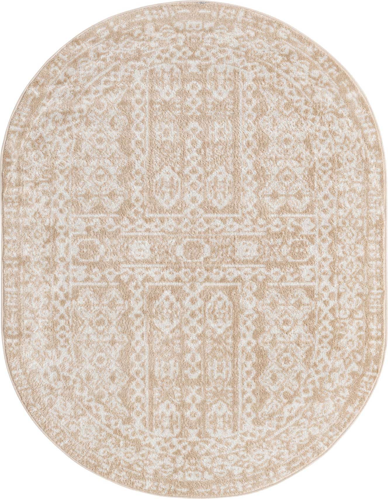 An oval 4' x 6' tan and ivory rug featuring a distressed bohemian and traditional pattern, suitable for indoor spaces.