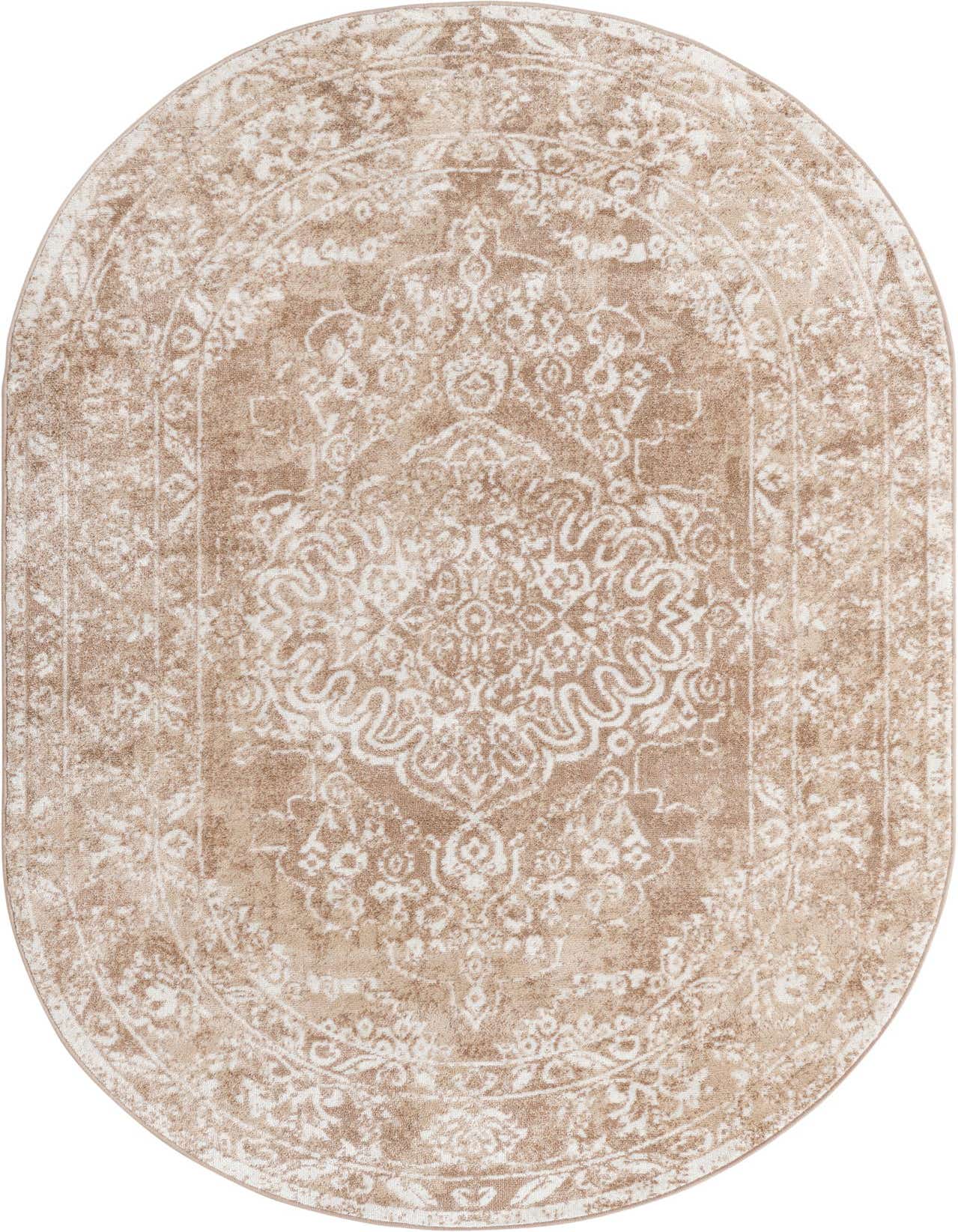 An oval 5' x 8' brown and ivory traditional medallion rug with a vintage look, suitable for an indoor living space.