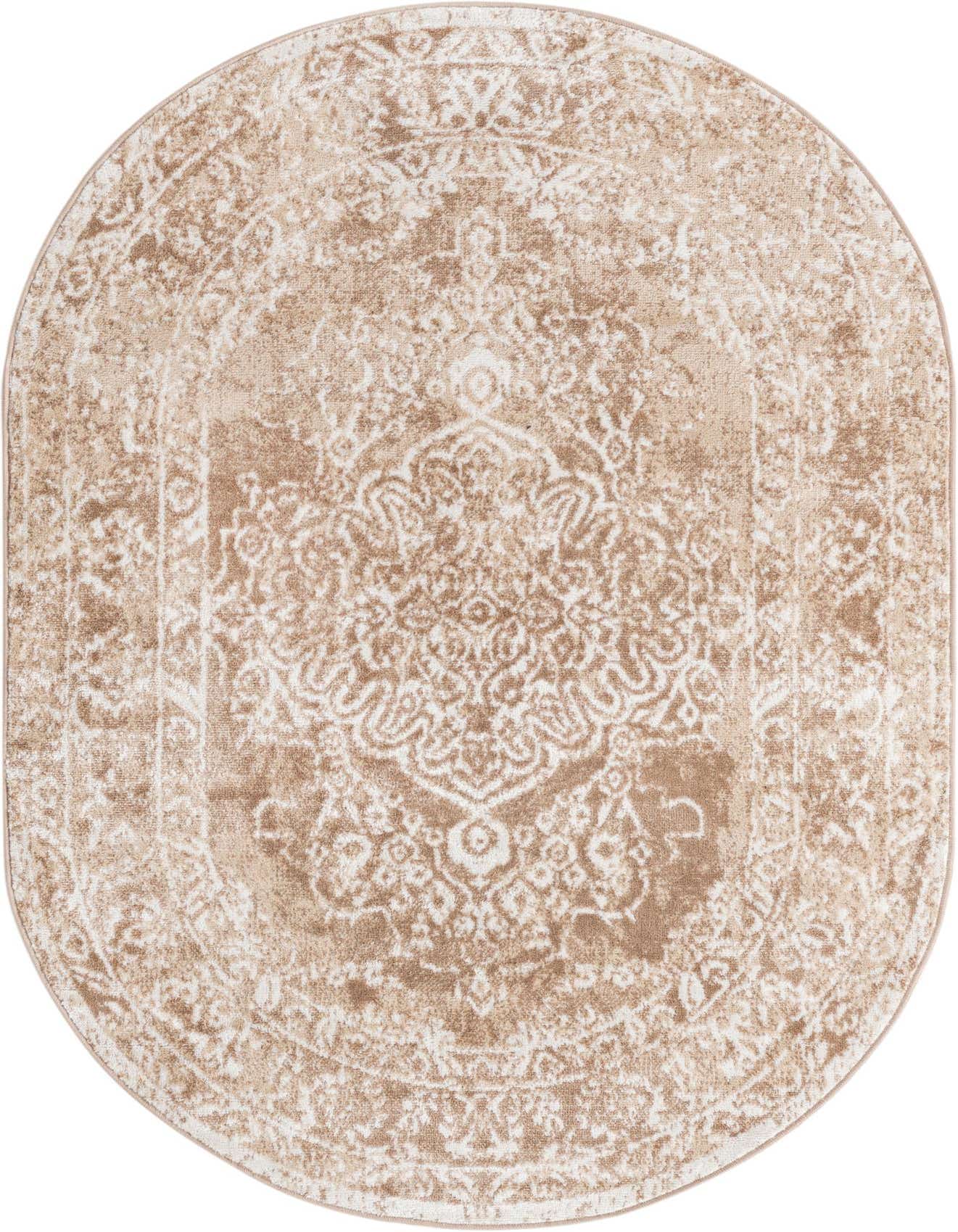 An oval 4'x6' Rugs.com Oxford rug featuring a distressed traditional medallion pattern in shades of brown, tan, and ivory.