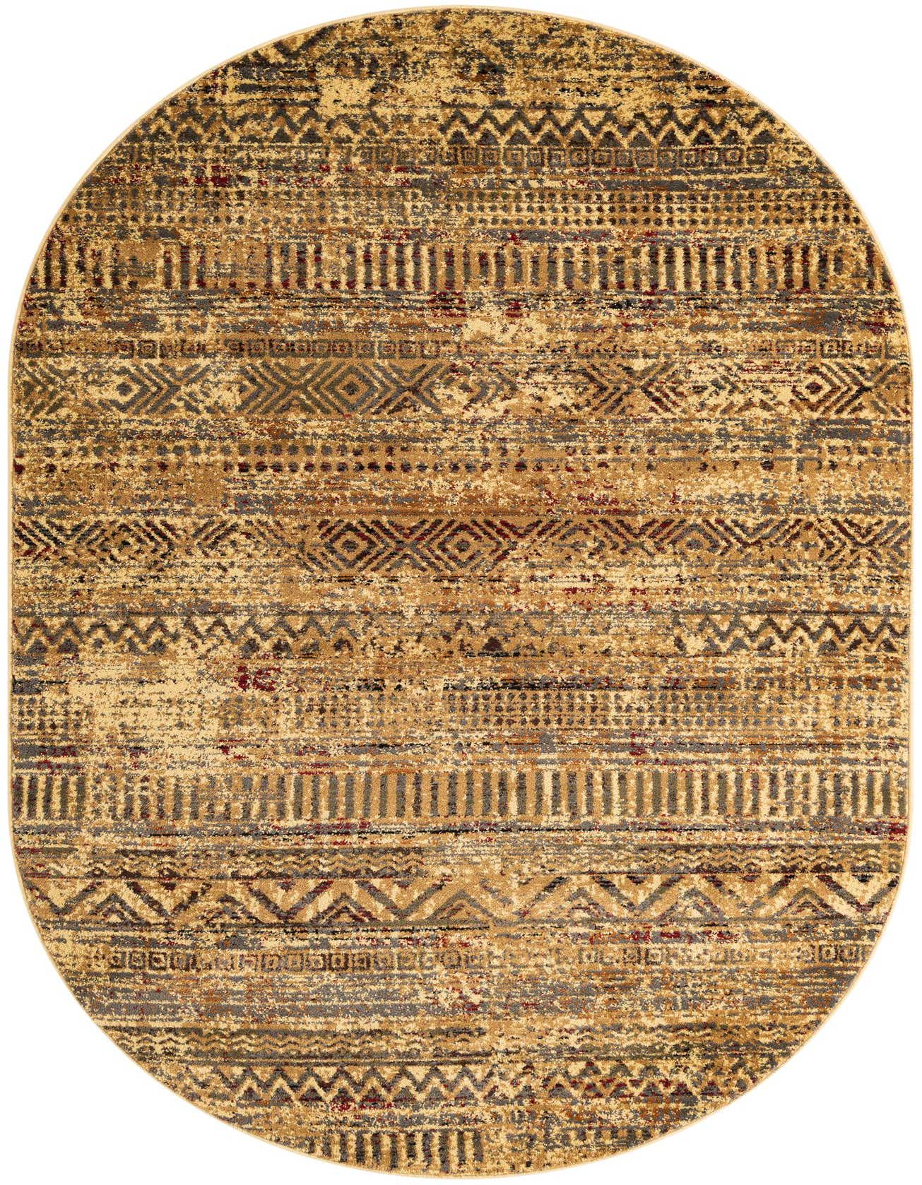 An oval 5'3" x 8'0" Rugs.com Saturn rug featuring a distressed tribal stripe pattern in browns, tans, and ivories.