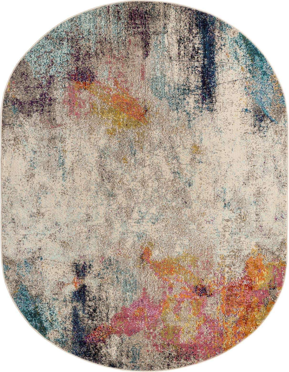 An oval 5'x8' modern abstract rug featuring a blend of brown, tan, and cream with vibrant splashes of blue, pink, and orange.