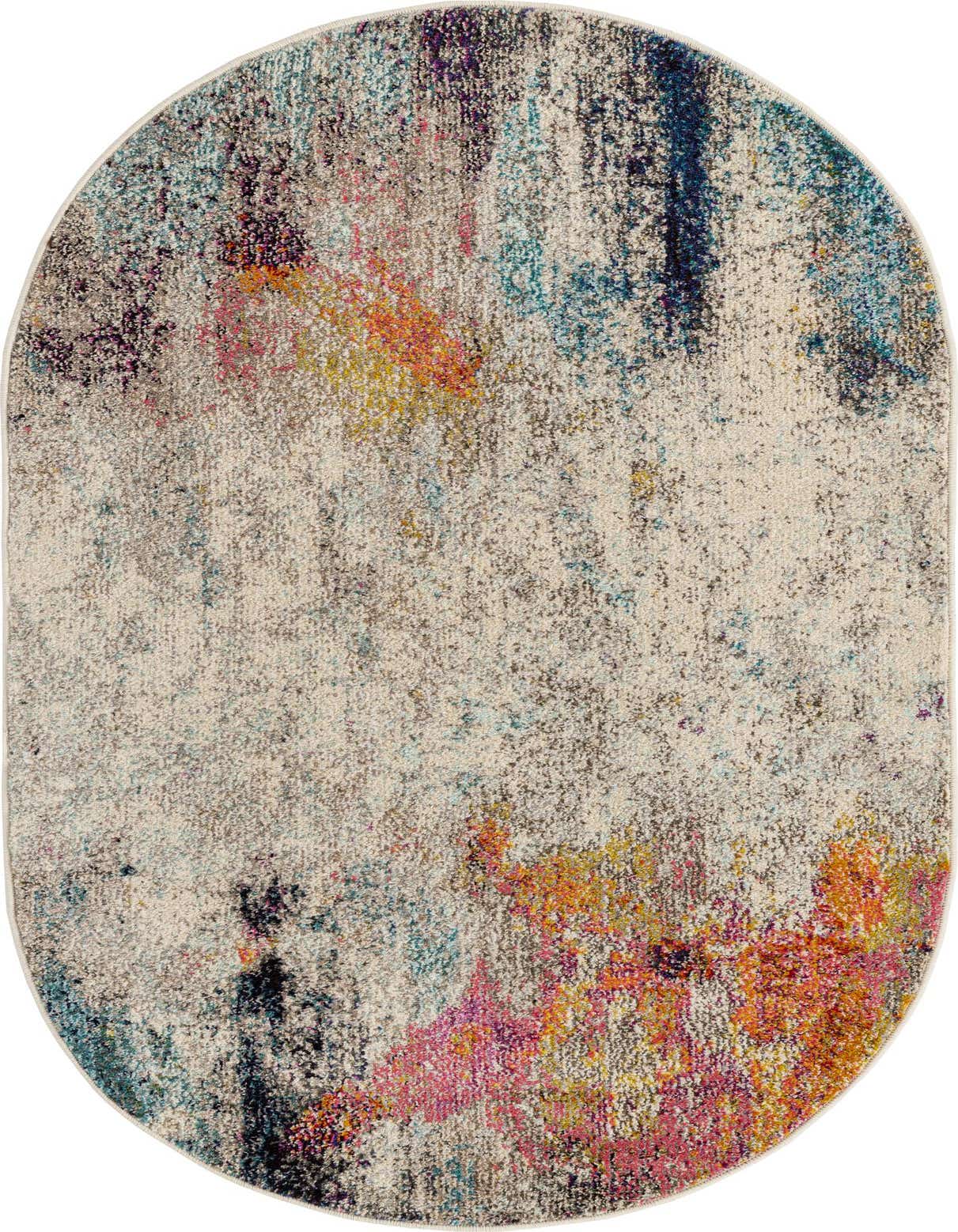 An oval 3' 3 x 5' 3 modern abstract rug with a cream and brown base, featuring vibrant splashes of blue, orange, pink, and yellow.