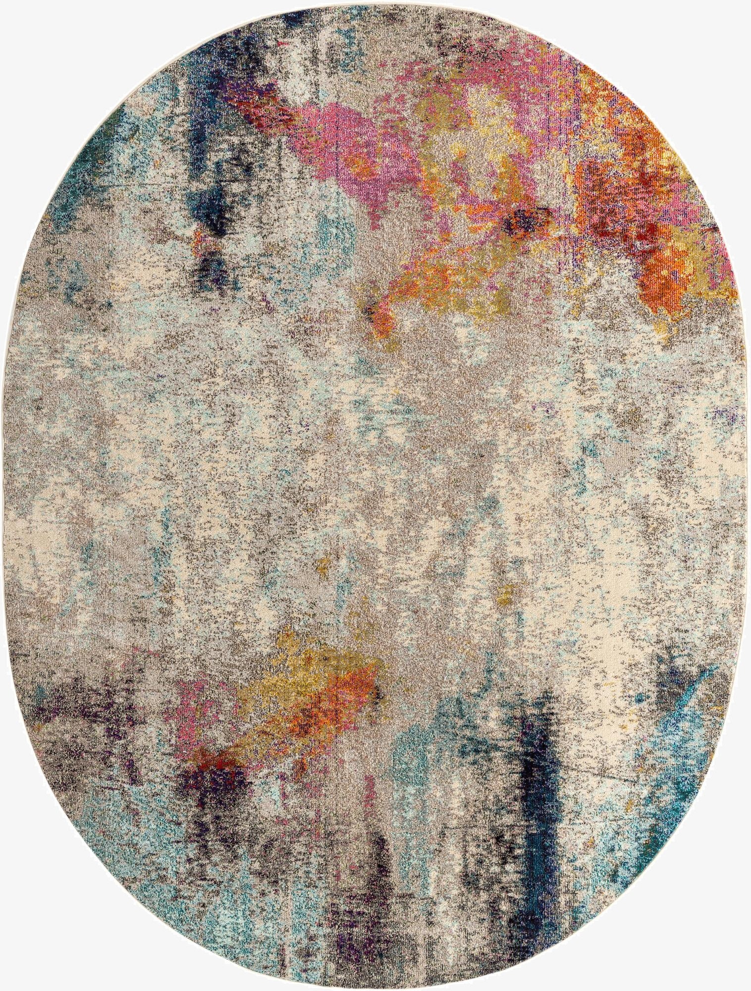 An 8' x 10' oval area rug featuring an abstract, modern design with primary colors of brown, tan, and cream, accented by vibrant splashes of pink, orange, blue, and purple.