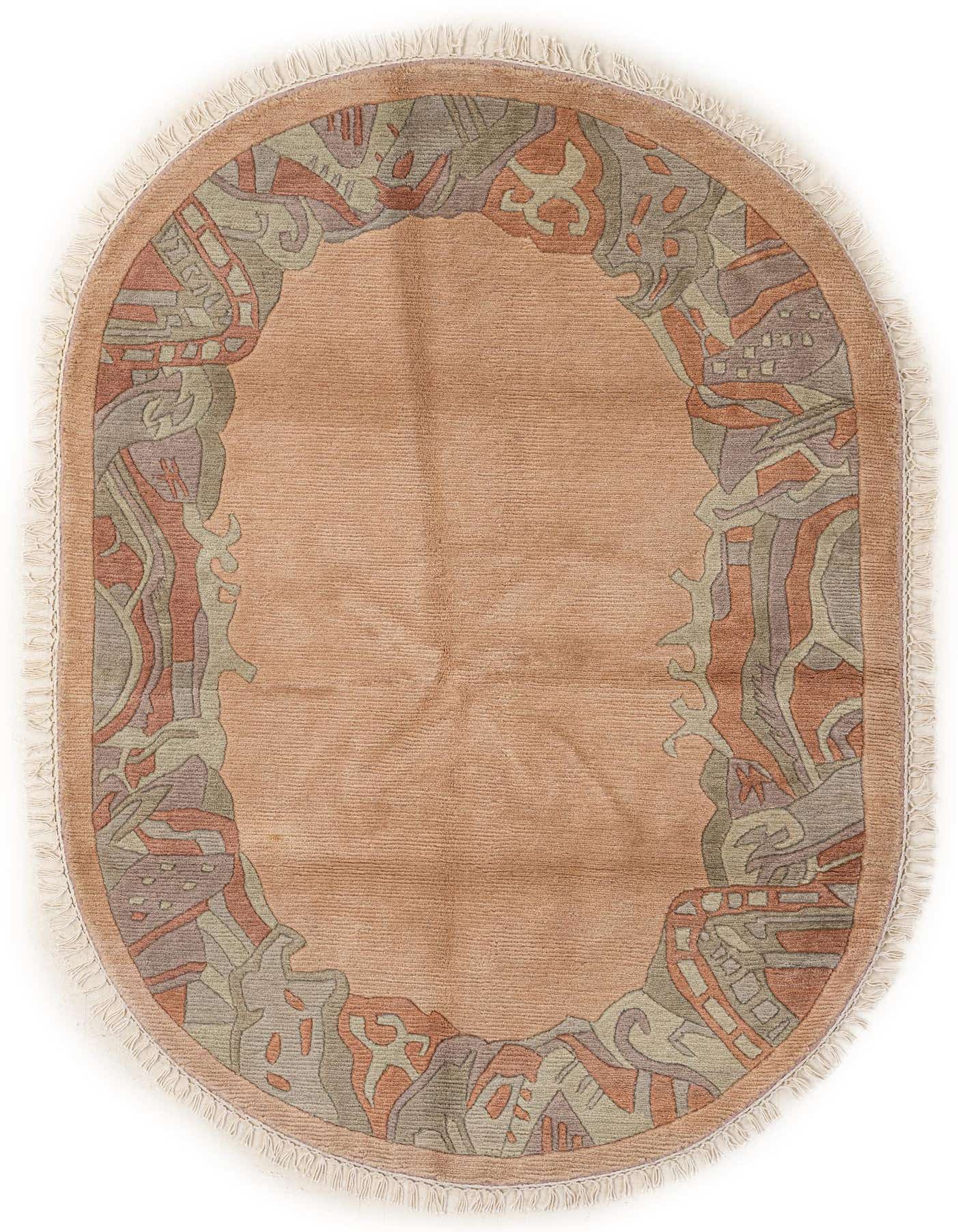 An oval 4'1" x 6'0" Rugs.com Tibet rug in brown and ivory, featuring a modern abstract border pattern and fringe.