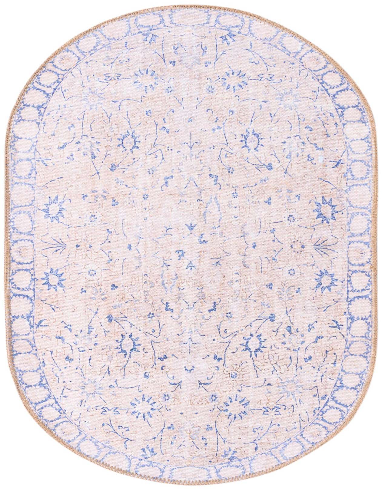 An oval 2'x3' brown and ivory rug with a faded blue floral and vine pattern, featuring a distinct blue border.