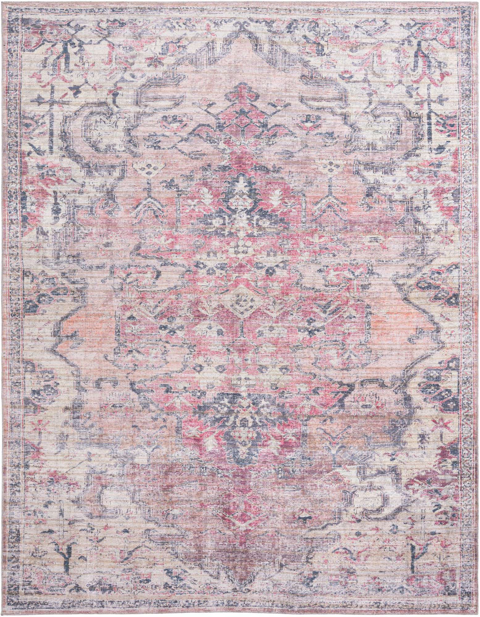 A 10x13 rectangular beige pink rug with a distressed traditional tribal pattern, suitable for a living room.