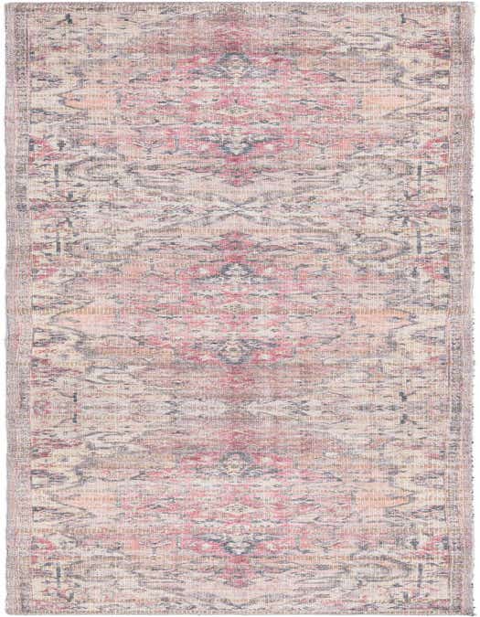 A beige and pink 8 ft runner rug with a distressed traditional tribal pattern, ideal for a hallway.
