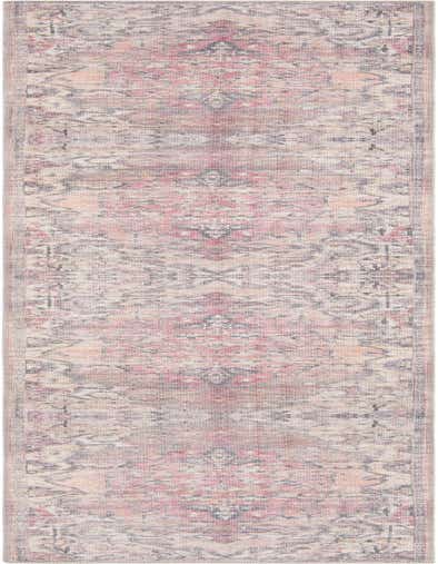 A 13 ft runner rug in beige and pink with a distressed traditional tribal pattern, perfect for a hallway.